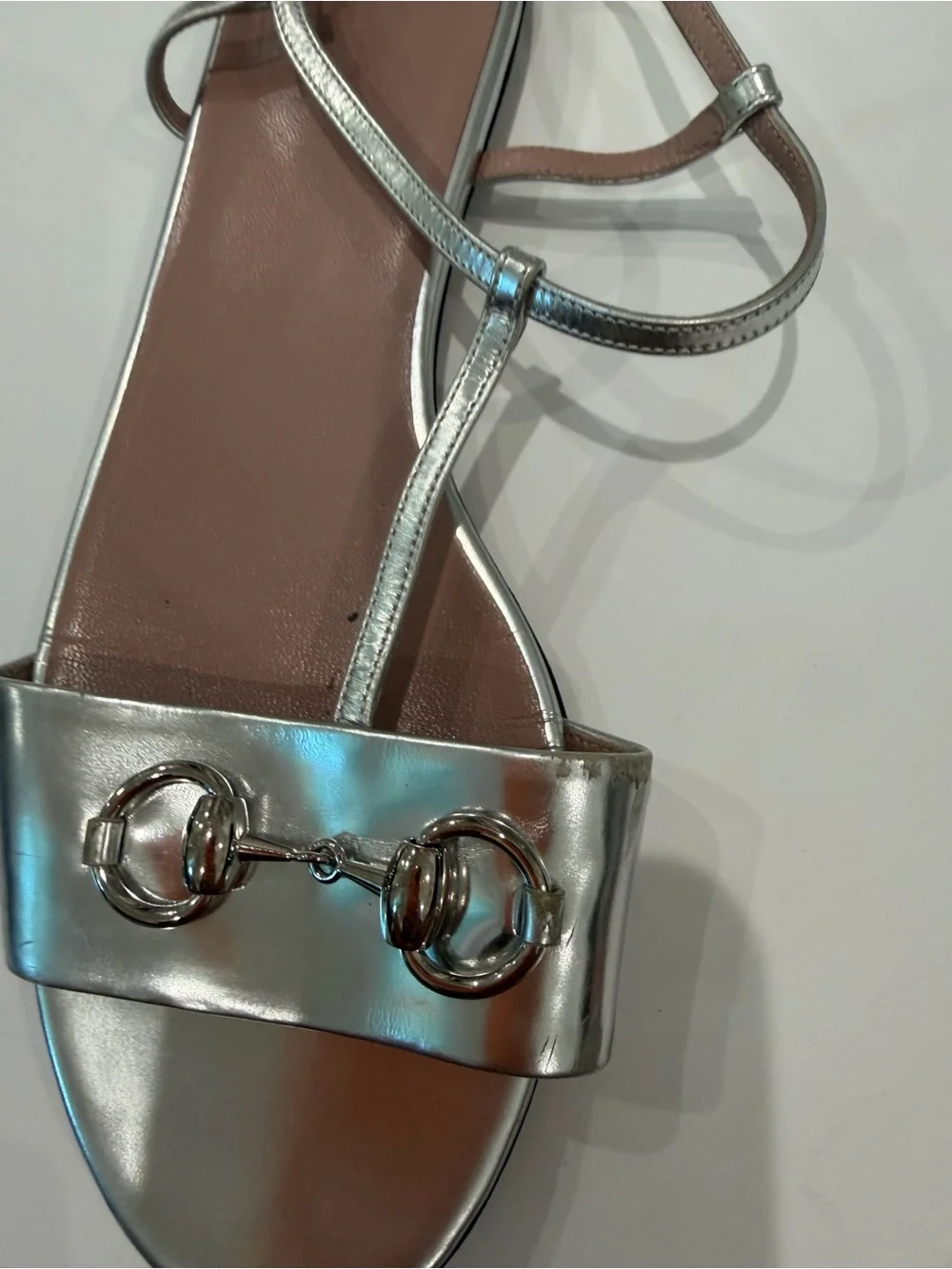 Gucci Silver Metallic Horsebit Strappy Sandals